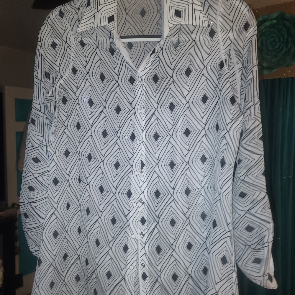David Cline Black and White Geometric Button-Up Blouse